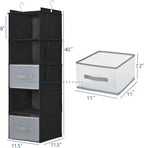5-layer suspended fabric shelf organizer, equipped with 2 sturdy hooks, 2 separate drawers, and foldable hanging storage (black)