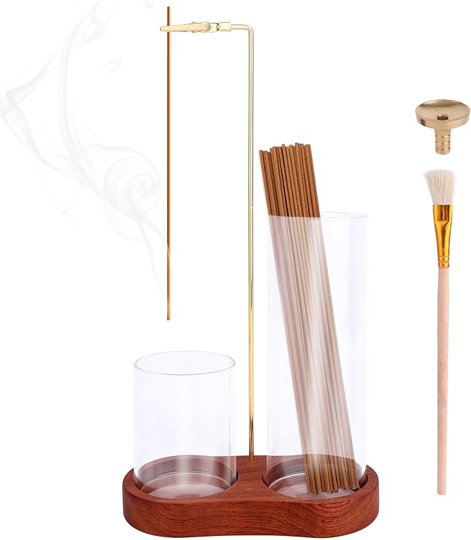3 in 1 Glass Incense Holder, Upside Down Incense Stick Holder with Enlarged Aroma Storage Cup Ash Tray Brush & Cone Stand for Meditation Yoga Spa & Home Decor