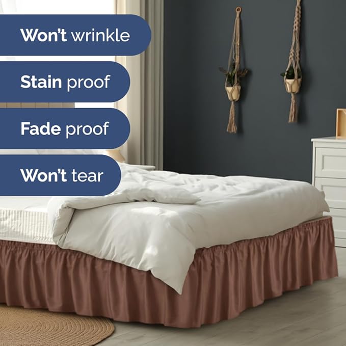 Wrap Around Dust Ruffle Bed Skirt - Brown - for Queen Size Beds with 24 Inch Drop - Easy Fit Elastic Strap - Adjustable Pleated Bedskirt w/Brushed Fabric - Wrinkle Free - for Women, Men, Kids & Teens