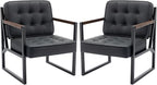 COLAMY Mid Century Modern Accent Chair Set of 2, Comfy Living Room Chair, Black Leather Accent Chair, Faux Leather Reception Armchair with Metal Legs for Living Room Bedroom Reception Office, Black