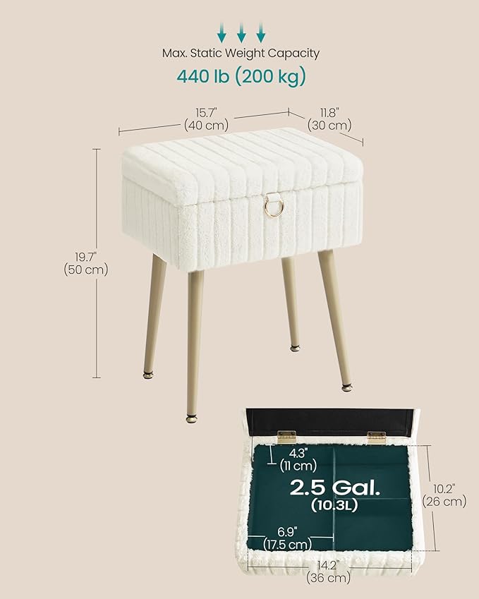 SONGMICS Vanity Stool Chair with Storage, Makeup Stool, Footrest Footstool Ottoman, Metal Legs, Adjustable Feet, for Living Room, Bedroom, Makeup Room, Cream White ULOM505WZ02