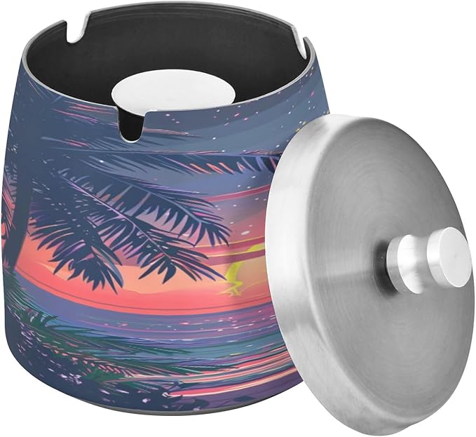 Hawaii Sunset Beach View Ashtray with Lid, Outdoor Ashtrays for Patio, Stainless Steel Ashtray Odorless Smokeless for Home Office Balcony