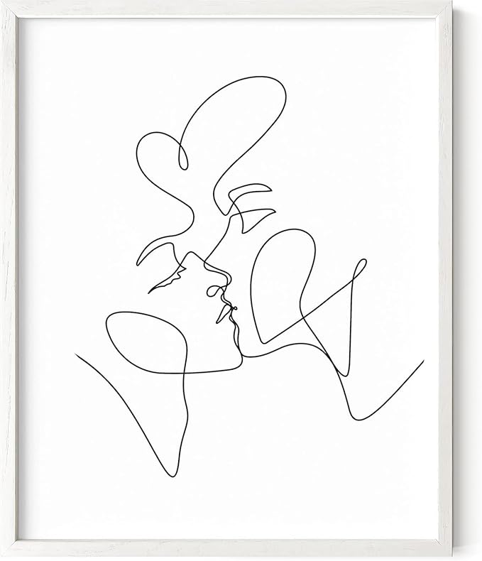 Minimalist Couple Art Wall Art Print Couple Kiss Abstract Line Drawing, Gallery Quality 16"x20" White Framed, Abstract Love Aesthetic Decor Bedroom Living Room