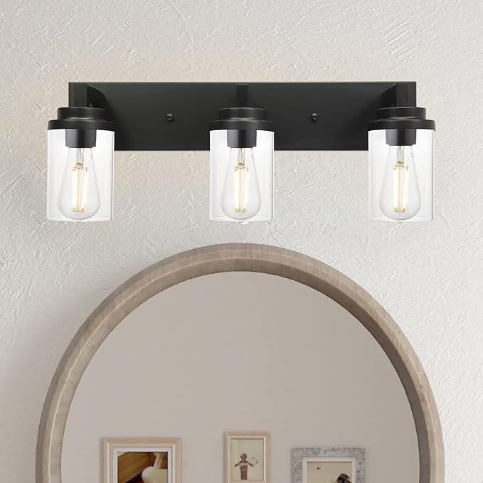 MELUCEE Vintage Bathroom Lighting Fixtures Over Mirror, 3-Light Modern Vanity Lights Black Finish Industrial Wall Sconce with Clear Glass Shade