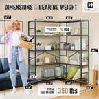 CAPHAUS L-Shaped Bookshelf, 5 Tier Industrial Corner Bookcase, Tall Corner Shelf with Metal Frame, Wooden Board, Open Display Shelf for Living Room, Bedroom, Home and Office, Rustic Oak