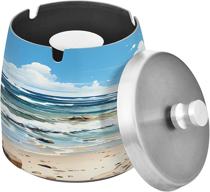 Watercolor Beach Sea Ashtray with Lid, Outdoor Ashtrays for Patio, Stainless Steel Ashtray Odorless Smokeless for Home Office Balcony