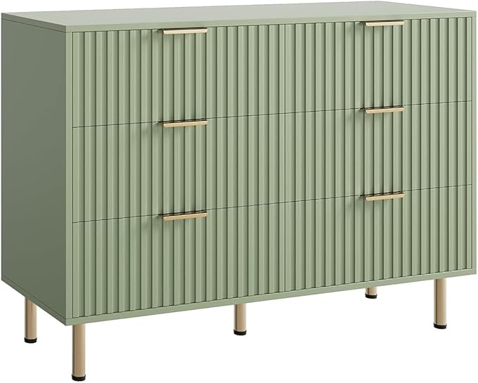 GarveeHome Green 6 Drawer Dresser for Bedroom, Fluted 47.2 in Wide Modern Chest of Drawers with Deep Drawers, Long Large Double Dresser TV Stand for Living Room, Hallway, Kids Room