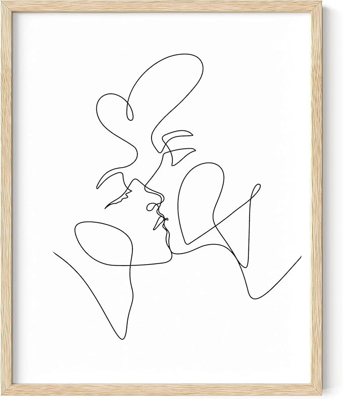 Minimalist Couple Art Wall Art Print Couple Kiss Abstract Line Drawing, Gallery Quality 16"x20" Beige Framed, Abstract Love Aesthetic Decor Bedroom Living Room