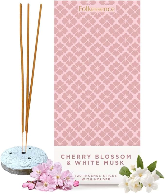 Folkulture Incense Sticks | Set of 120 with Holder for Relaxation | Cherry Blossom & White Musk | Organic, Slow Burning, Non-Toxic | Luxe Floral Fragrance, for Valentines