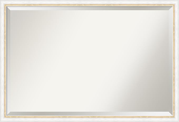 Amanti Art White Wall Mirror 26x38 Morgan White Gold Rectangle Bathroom Mirror for Wall Decor Living Room, Large Modern Wood Frame, Hangs Horizonally and Vertically, Bathroom Decor, Beveled Edge