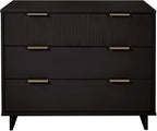 Manhattan Comfort Granville 38-Inch Solid Wood Dresser with 3 Full Extension Soft Close Drawers, Fluted Ribbed Front with Gold Metal Handles for Bedroom, Living Room, Dorm, Nursery in Black