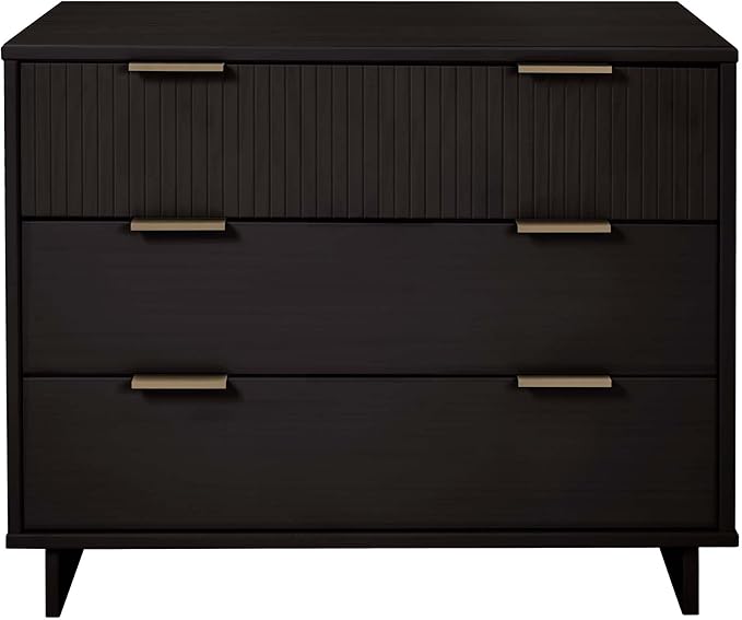 Manhattan Comfort Granville 38-Inch Solid Wood Dresser with 3 Full Extension Soft Close Drawers, Fluted Ribbed Front with Gold Metal Handles for Bedroom, Living Room, Dorm, Nursery in Black
