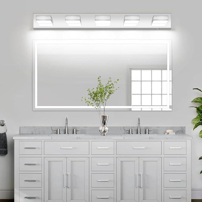 Bathroom Vanity Lighting Fixtures Over Mirror (5-Light, 40-Inch) Dimmable Modern LED Bathroom Wall Lighting Fixtures, Chrome(3000K/3500K/4000K/5000K/6000K)