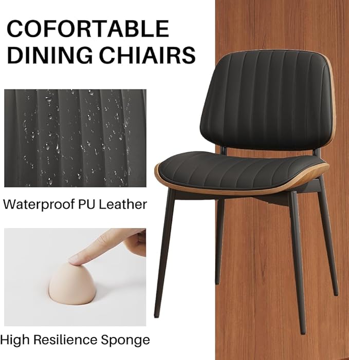 Dining Chairs Set of 2, Mid-Century Modern Upholstered PU Leather Chairs with Walnut Bentwood Back and Metal Legs for Kitchen Dining Living Room, Black Vertical Stripes (Black)