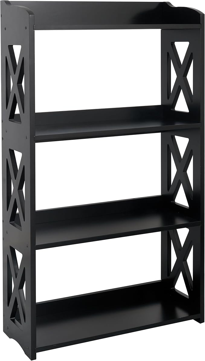 Black Bookcase by Natural Wood, 4 Tier Bookshelf, Small Book Shelves Freestanding Display Storage Shelves. Open Bookshelf for Bedroom, Living Room and Office (Black, 4 Tier)