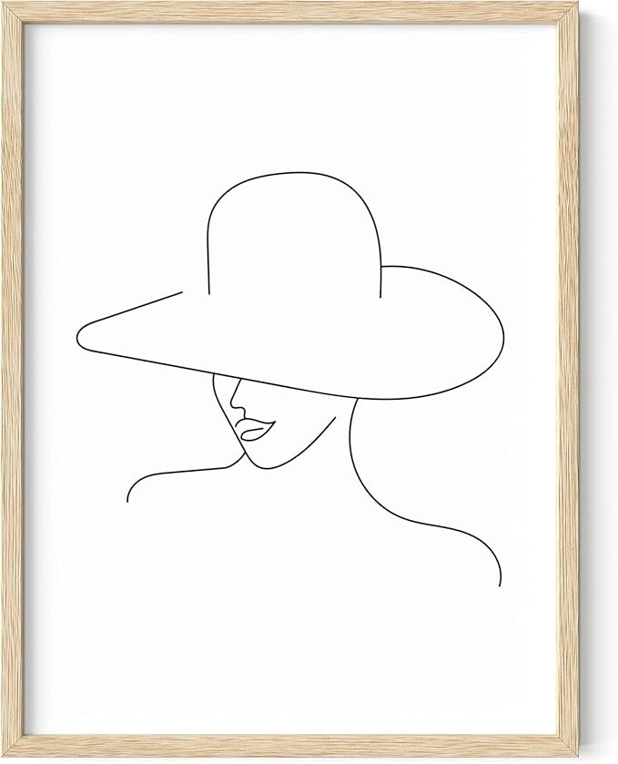 Elegant Woman in Hat Wall Art Minimalist Feminine Profile Continuous Line Drawing 12x16 Inch Oak Wood Beige Framed Chic Fashion Print for Vanity Bedroom