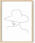 Elegant Woman in Hat Wall Art Minimalist Feminine Profile Continuous Line Drawing 12x16 Inch Oak Wood Beige Framed Chic Fashion Print for Vanity Bedroom