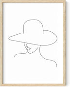 Elegant Woman in Hat Wall Art Minimalist Feminine Profile Continuous Line Drawing 12x16 Inch Oak Wood Beige Framed Chic Fashion Print for Vanity Bedroom