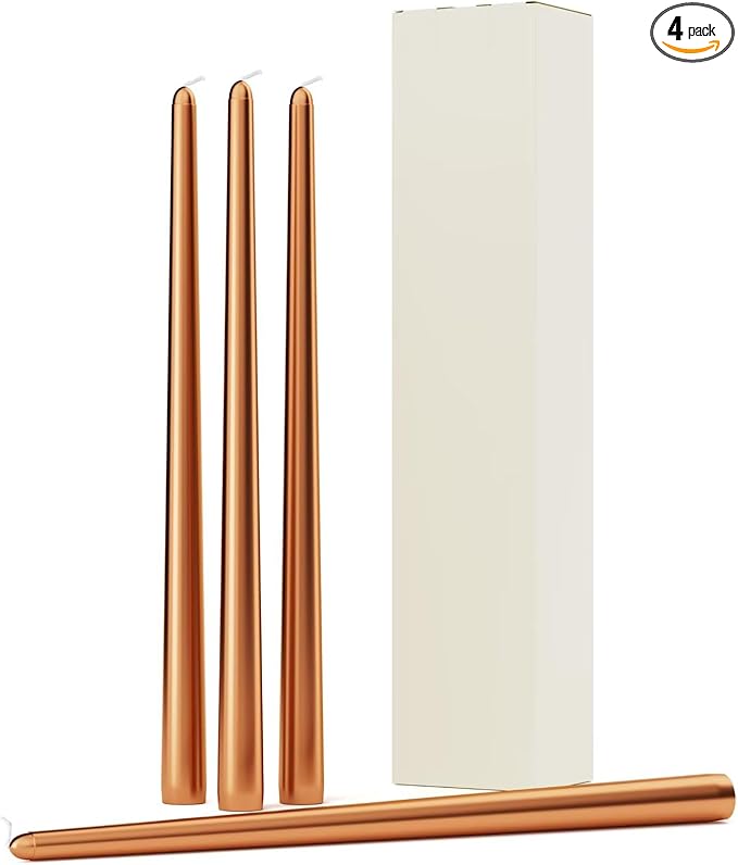 12-Inch Tall Dripless Taper Candles Set of 4 - Metallic Copper Tapered Candles, Perfect for Christmas - Smokeless, Unscented, Long Burning - Hand Poured, Colored Tall Candlesticks