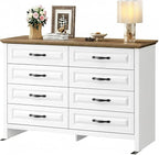 Marsail Farmhouse 8 Drawer Dresser, Wood Chest of Drawers with Natural Texture, Smooth Gliding Drawers, Versatile Storage Organizer Cabinet for Bedroom & Living Room, White and Brown