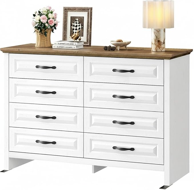 Marsail Farmhouse 8 Drawer Dresser, Wood Chest of Drawers with Natural Texture, Smooth Gliding Drawers, Versatile Storage Organizer Cabinet for Bedroom & Living Room, White and Brown