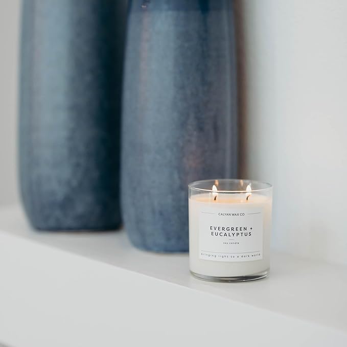 Calyan Wax Co. Evergreen & Eucalyptus 2 Wick Scented Candle - 37 Hour Burn - Luxury Non Toxic Soy Wax Candles - Long Lasting Large Glass Jar Candle for Home - 8.8oz