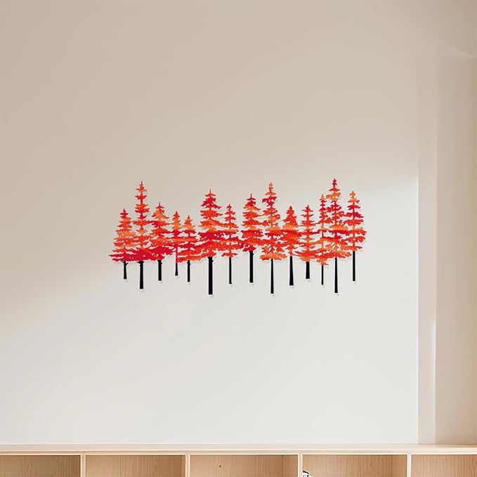 Metal Pine Tree Wall Art Decor Nature Home Decor Cedar Trees Metal Sign Wall Decorations for Living Room, Forest Decor, Nature Lover Gift (Black Red)