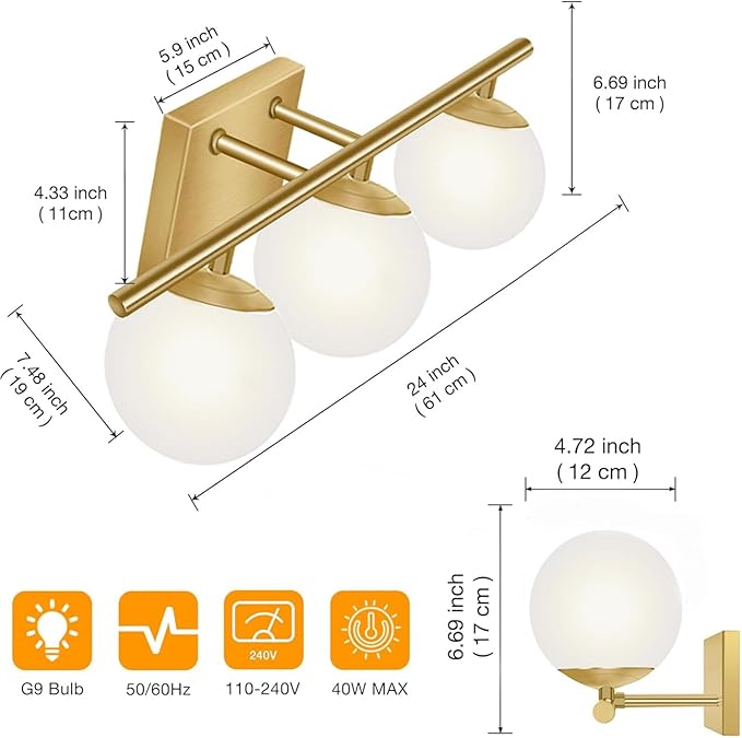 New Bathroom Vanity Light Fixtures 3 Lights Brushed Brass Glass Shade Modern Wall Bar Sconce Over Mirror
