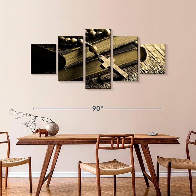 Elephant Stock Bible And Cross Wall Art Multi Piece Canvas - 5 Panel Christian Pictures Decor - Digital Design Canvas Print - Christian Wall Decor - 92" X 42"