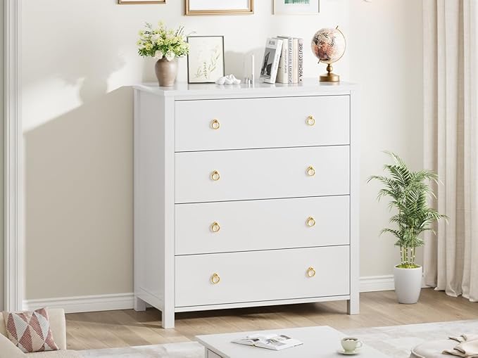 IDEALHOUSE Dresser for Bedroom, Chest of Dressers 37" Tall Dresser for Closet with 4 Drawers Chest with Clothes Storage Cabinet, Drawer Organizer for Bedroom, Living Room, Closet, Hallway, White