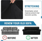 H.VERSAILTEX Sofa Cover 4 Piece T Cushion Sofa Slipcovers Velvet Couch Cover Furniture Protector Stretch T Cushion Sofa Covers for 3 Cushion Couch with 3 Individual T Cushion Covers Washable, Black