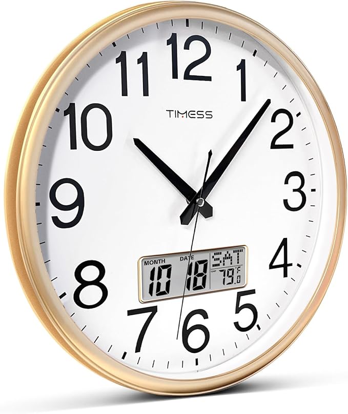 Wall Clock, 13 Inch Non-Ticking Silent Battery Operated Quartz Analog with LCD Display for Perpetual Calendar and F° Temperature, Ideal Modern Home, Bedroom, Kitchen, Office Decor (Gold)