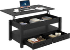 Rolanstar Coffee Table, Lift Top Coffee Table with Drawers and Hidden Compartment, Retro Central Table with Wooden Lift Tabletop, for Living Room, Black