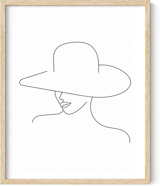 Elegant Woman in Hat Wall Art Minimalist Feminine Profile Continuous Line Drawing 16x20 Inch Oak Wood Beige Framed Chic Fashion Print for Vanity Bedroom