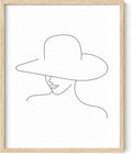 Elegant Woman in Hat Wall Art Minimalist Feminine Profile Continuous Line Drawing 16x20 Inch Oak Wood Beige Framed Chic Fashion Print for Vanity Bedroom