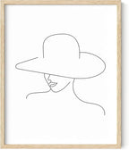Elegant Woman in Hat Wall Art Minimalist Feminine Profile Continuous Line Drawing 16x20 Inch Oak Wood Beige Framed Chic Fashion Print for Vanity Bedroom