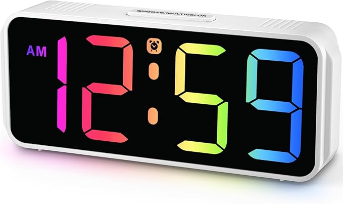 Peakeep Small Digital Alarm Clock Plug in for Kids Bedroom Bedside Nightstand, 8 RGB Colors Large Display Dimmable 6 Brightness, Corded Electric Battery Backup (White - RGB)