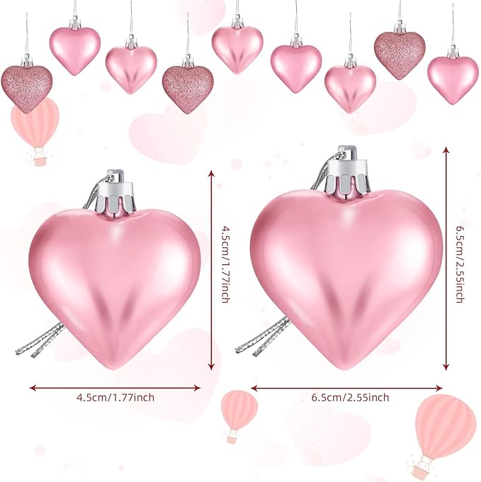 Skylety 30 Pieces Valentine's Day Heart Ornaments, Heart Shaped Decorations Tree Hanging Baubles for Valentine Wedding Anniversary, 3 Styles 2 Size (Pink)