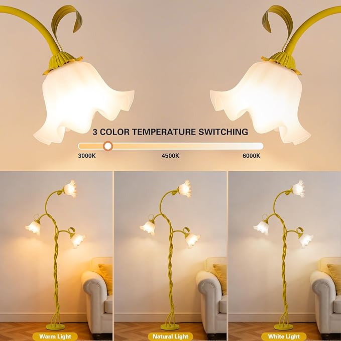 Flower Floor Lamp for Bedroom - 3 Color Temperatures Decorative Flower Tall Floor Reading Lamp with Flexible Neck for Bedroom Living Room Office Corner (Yellow)