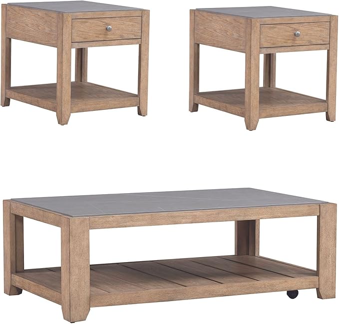 Liberty Furniture Millstone 3 Piece Living Room Set with Tile Top Cocktail Table, 2 End Tables - Nutmeg Oak Wood
