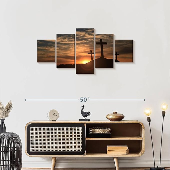 Elephant Stock Cross Silhouettes Wall Art Multi Piece Canvas - 5 Panel Christian Pictures Decor - Digital Design Canvas Print - Christian Wall Decor - 42" X 19"