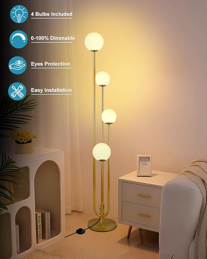 63IN 4-Light Dimmable Floor Lamp, Unique Candle Holder Style Gold Tall Standing Lamps with 3000K G9 Bulbs for Reading, Mid Century Modern Floor Lamp for Living Room Bedroom Home Office