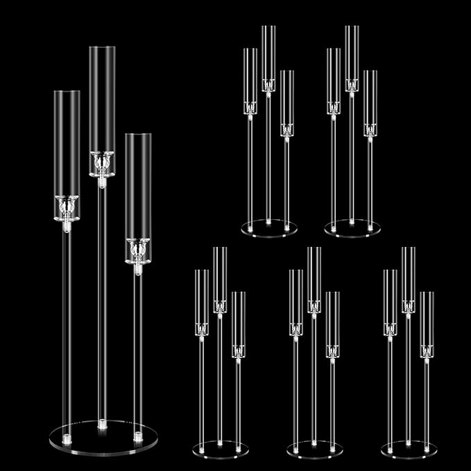 6 Set 3 Arms Acrylic Candelabra Centerpieces for Wedding Table Decorations,30.7" Clear Candlesticks Holder with Acrylic Shade for Valentine's Day Dinner Party Fireplace Decor Fit LED Candle
