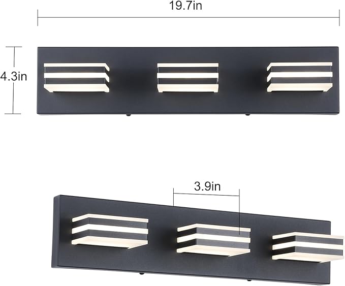 Black Vanity Lights for Bathroom Light Fixtures (3-Light, 20-Inch) Adjust 3 Colors Modern Bath Lighing Fixture Over Mirror LED Vanity Lighting