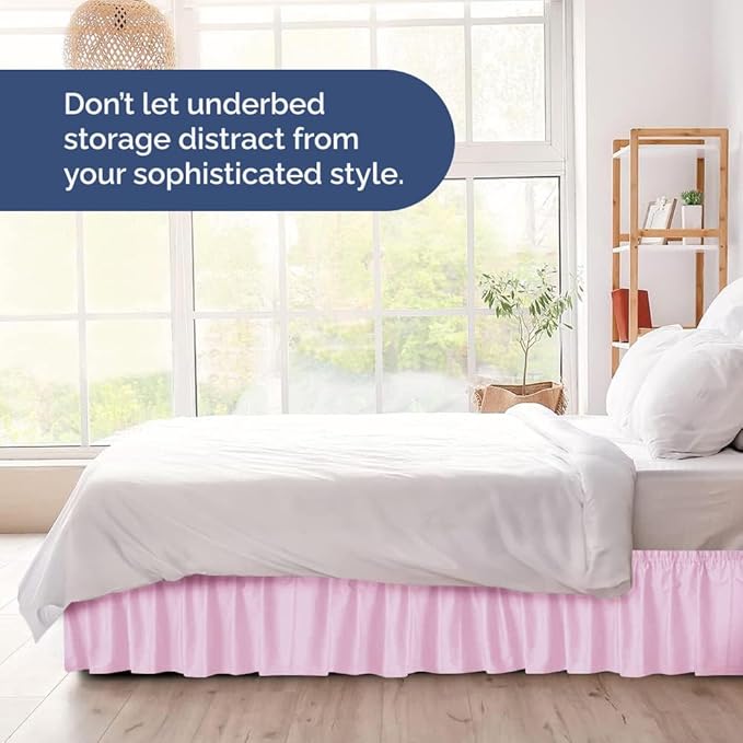 Wrap Around Dust Ruffle Bed Skirt - Light Pink - Twin/Twin XL Size Beds with 18 Inch Drop - Elastic Strap - Adjustable Pleated Bedskirt with Brushed Fabric and Wrinkle Free - Women, Men, Kids & Teens