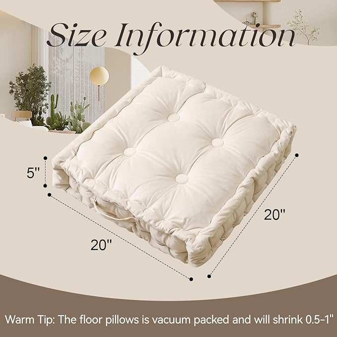 Square Floor Pillows, Large Floor Cushion for Adults Kids, Meditation Floor Pillow Seating Cushion with Shredded Memory Foam and Silk Wadding, 20"x20"x5" Ivory