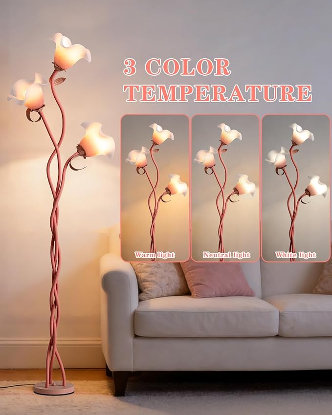 Flower Floor Lamp for Living Room - Tall Standing Reading Lamp with Flexible Neck, 3 Color Temperatures LED Dimmable Decorative Light, Pink Calla Floor Lamp for Bedroom Corner (Pink)