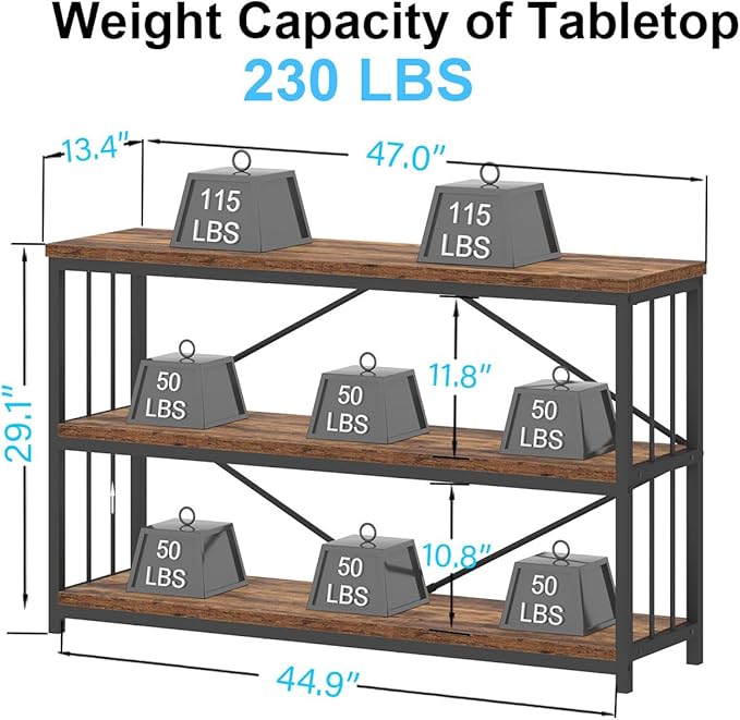 IBF Farmhouse Low 3 Tier Bookshelf, Industrial Rustic Horizontal Wood Bookcase, Modern Wide Open Metal Etagere with Storage, Vintage Book Shelf for Office Bedroom Living Room, Rustic Brown, 47 Inch