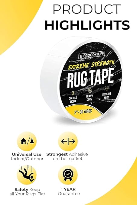 Heavy Duty Double Sided Rug Tape [2"x50yd] Rug Pad Gripper for Hardwood Floors, Vinyl, Area Rugs, Tiles, and Concrete, Two Sided Tape Heavy Duty Carpet Tape, Strong Double Sided Carpet Tape