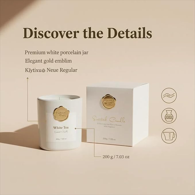 Scented Luxury Candle -Aromatherapy Soy Candles for Relaxation & Sleep - 7 oz - Hand-Cast - Comes with Pure Cotton Wick - Fine Ceramic - Ideal Gift for Both Men and Women. (White, whitetea)